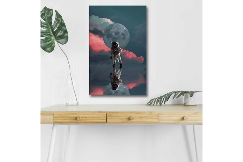 Canvastavla med LED-belysning - Astronaut som svävar i en drömlik rymdmiljö med en stor måne i bakgrunden - Mörkblå / Rosa / Grå - Inredning - Tavlor & posters - Canvastavla
