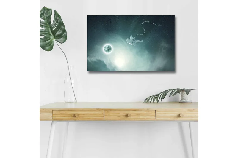 Canvastavla med LED-belysning - Astronaut som svävar i rymden med en planet i bakgrunden, Mörkblå / Grön / Vit