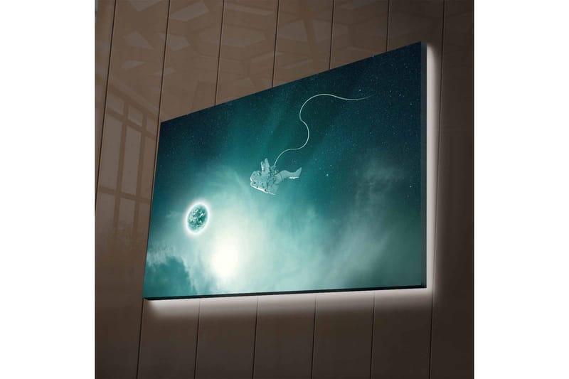 Canvastavla med LED-belysning - Astronaut som svävar i rymden med en planet i bakgrunden - Mörkblå / Grön / Vit - Inredning - Tavlor & posters - Canvastavla