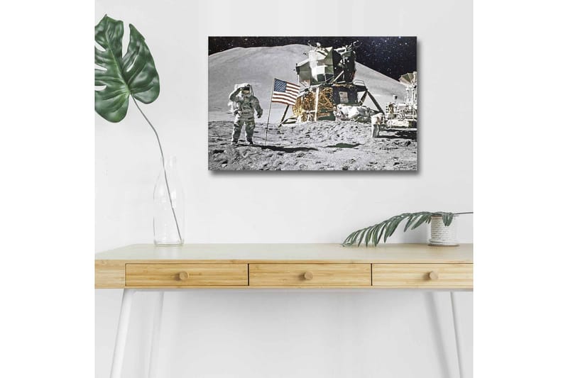 Canvastavla med LED-belysning - Astronaut på månyta med månlandare och amerikansk flagga - Grå / Svart / Guld - Inredning - Tavlor & posters - Canvastavla