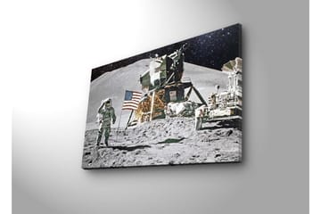 Canvastavla med LED-belysning - Astronaut på månyta med månlandare och amerikansk flagga - Grå / Svart / Guld - Inredning - Tavlor & posters - Canvastavla