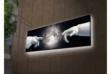 Canvastavla med LED-belysning - Astronauthänder som sträcker sig mot månen - Grå / Svart / Vit - Inredning - Tavlor & posters - Canvastavla