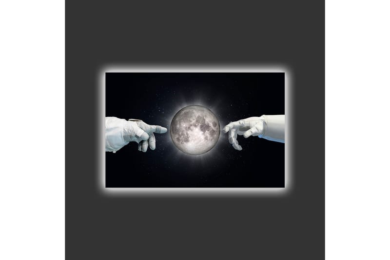 Canvastavla med LED-belysning - Astronauthänder som sträcker sig mot månen - Svart / Vit / Grå - Inredning - Tavlor & posters - Canvastavla