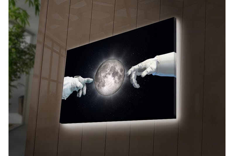 Canvastavla med LED-belysning - Astronauthänder som sträcker sig mot månen - Vit / Svart / Grå - Inredning - Tavlor & posters - Canvastavla