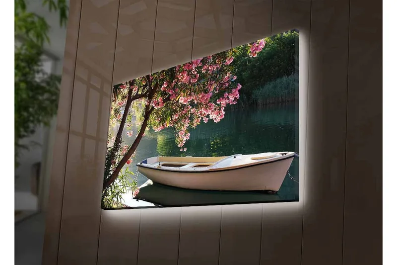 Canvastavla med LED-belysning - Båt vid en blommande trädkant vid vattnet - Rosa / Grön / Vit - Inredning - Tavlor & posters - Canvastavla