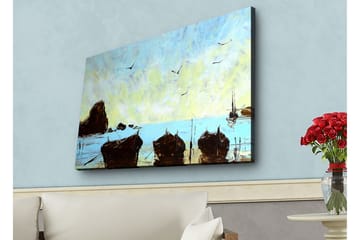 Canvastavla med LED-belysning - Båtar vid en stilla havsstrand under en klar himmel - Blå / Brun / Gul - Inredning - Tavlor & posters - Canvastavla