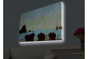 Canvastavla med LED-belysning - Båtar vid en stilla havsstrand under en klar himmel - Blå / Brun / Gul - Inredning - Tavlor & posters - Canvastavla