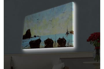 Canvastavla med LED-belysning - Båtar vid en stilla havsstrand under en klar himmel - Blå / Brun / Gul - Inredning - Tavlor & posters - Canvastavla