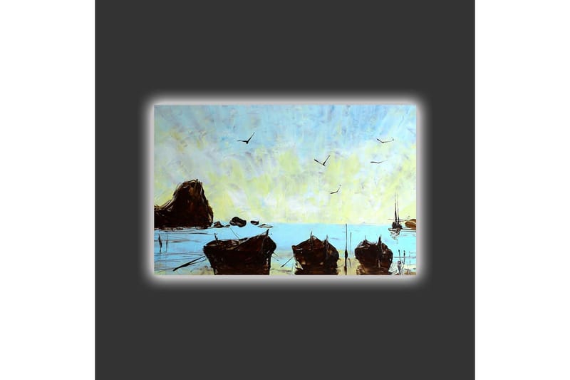 Canvastavla med LED-belysning - Båtar vid en stilla havsstrand under en klar himmel - Blå / Brun / Gul - Inredning - Tavlor & posters - Canvastavla