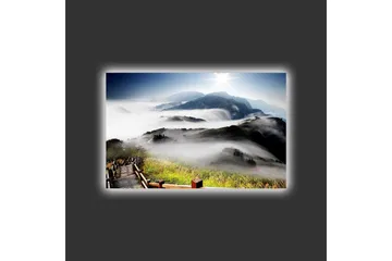 Canvastavla med LED-belysning - Berglandskap med dimma och solens strålar - Grön / Blå / Vit - Inredning - Tavlor & posters - Canvastavla