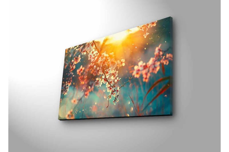 Canvastavla med LED-belysning - Blommande grenar i mjukt ljus - Rosa / Blå / Guld - Inredning - Tavlor & posters - Canvastavla