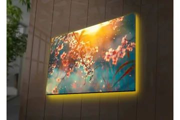 Canvastavla med LED-belysning - Blommande grenar i mjukt ljus - Rosa / Blå / Guld - Inredning - Tavlor & posters - Canvastavla