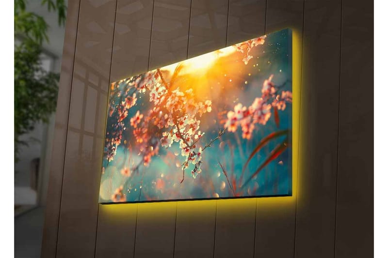 Canvastavla med LED-belysning - Blommande grenar i mjukt ljus - Rosa / Blå / Guld - Inredning - Tavlor & posters - Canvastavla