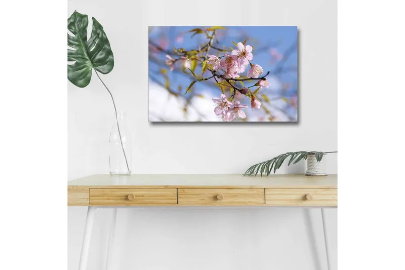 Canvastavla med LED-belysning - Blommande körsbärsträd i vårens ljus - Rosa / Grön / Blå - Inredning - Tavlor & posters - Canvastavla