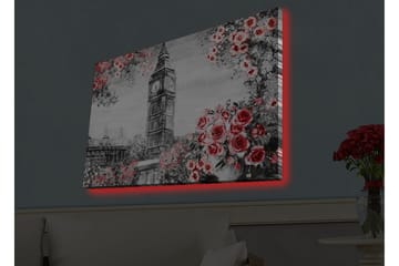 Canvastavla med LED-belysning - Blommor i röd nyans med Big Ben i bakgrunden - Röd / Grå / Vit - Inredning - Tavlor & posters - Canvastavla
