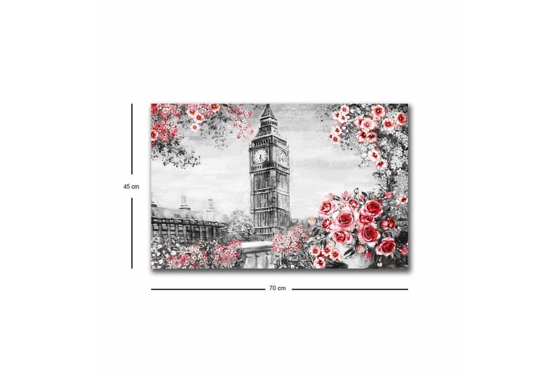 Canvastavla med LED-belysning - Blommor i röd nyans med Big Ben i bakgrunden - Röd / Grå / Vit - Inredning - Tavlor & posters - Canvastavla
