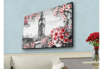 Canvastavla med LED-belysning - Blommor i röd nyans med Big Ben i bakgrunden - Röd / Grå / Vit - Inredning - Tavlor & posters - Canvastavla