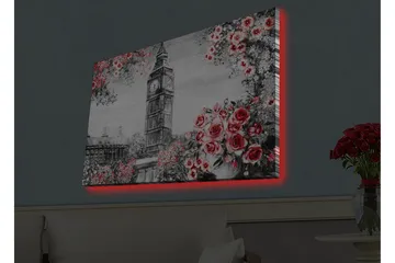 Canvastavla med LED-belysning - Blommor i röd nyans med Big Ben i bakgrunden - Röd / Grå / Vit - Inredning - Tavlor & posters - Canvastavla