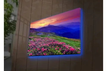 Canvastavla med LED-belysning - Blomstrande äng med färgglada blommor och fjäll i bakgrunden - Lila / Rosa / Grön - Inredning - Tavlor & posters - Canvastavla