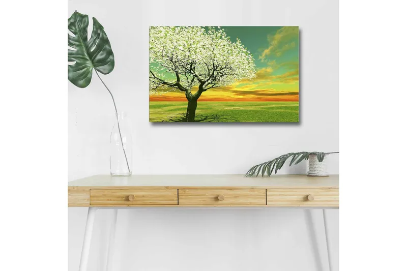 Canvastavla med LED-belysning - Blomstrande träd vid solnedgången - Grön / Vit / Orange - Inredning - Tavlor & posters - Canvastavla