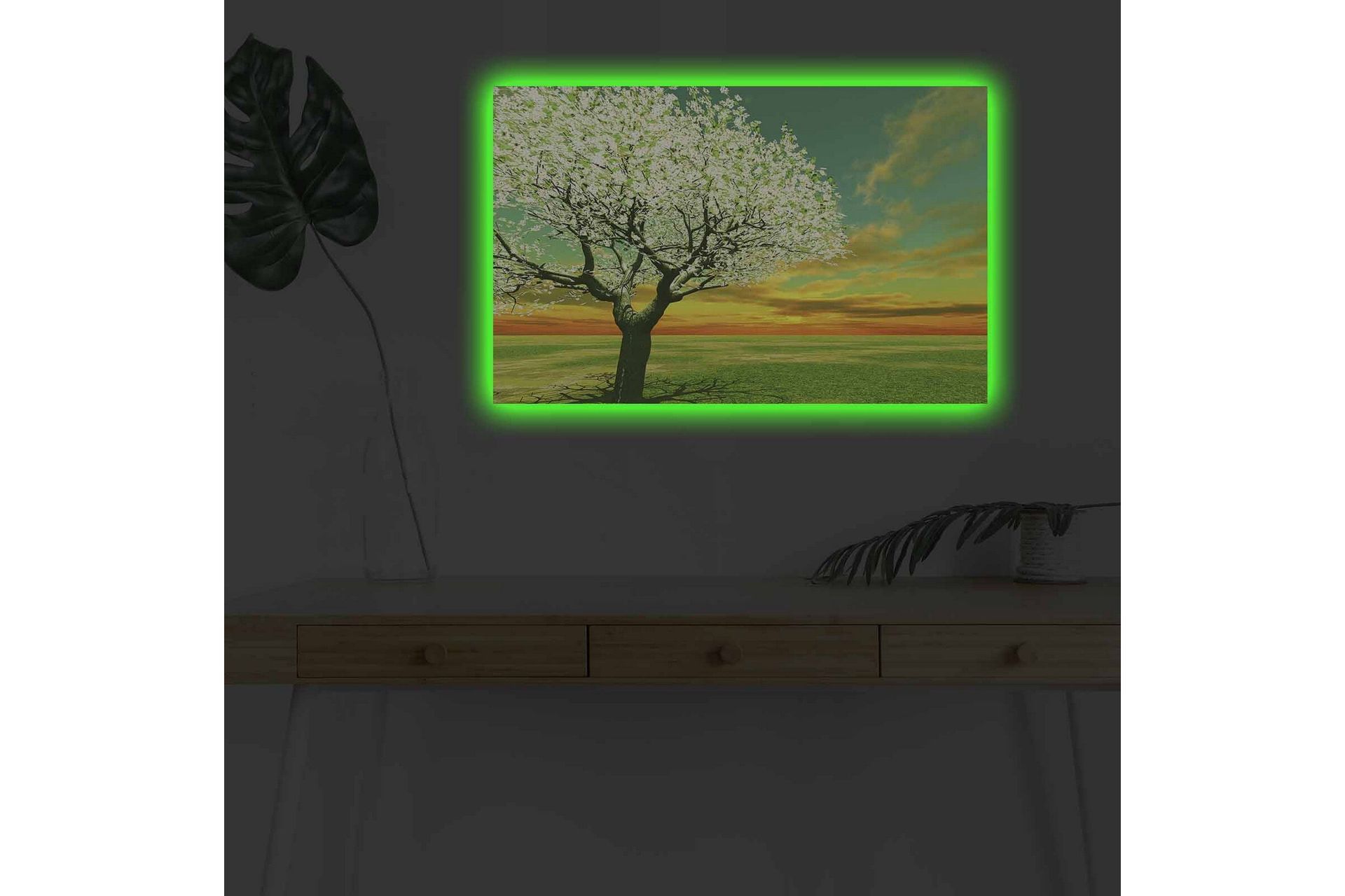 Canvastavla med LED-belysning - Blomstrande träd vid solnedgången - Grön / Vit / Orange