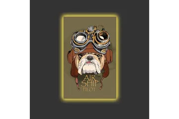 Canvastavla med LED-belysning - Bulldog i pilotutrustning med goggles - Grön / Brun / Vit - Inredning - Tavlor & posters - Canvastavla