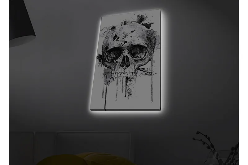 Canvastavla med LED-belysning - Dödskalle med abstrakta bläckdetaljer - Svart / Grå - Inredning - Tavlor & posters - Canvastavla
