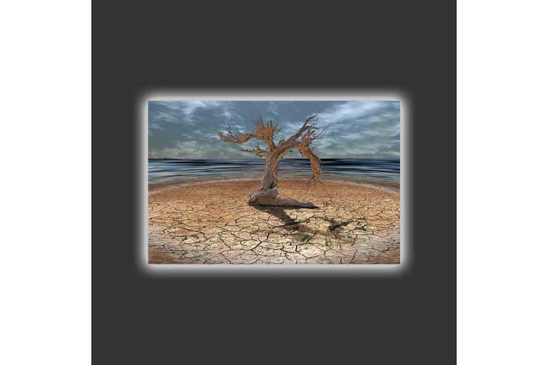 Canvastavla med LED-belysning - Dött träd på en sprucken jordyta vid havet - Brun / Grå / Blå - Inredning - Tavlor & posters - Canvastavla