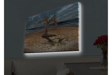 Canvastavla med LED-belysning - Dött träd på en sprucken jordyta vid havet - Brun / Grå / Blå - Inredning - Tavlor & posters - Canvastavla