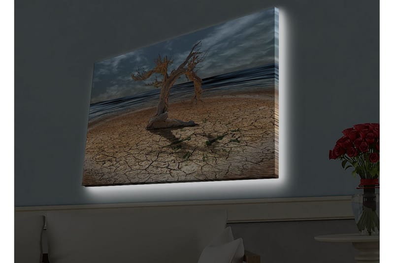 Canvastavla med LED-belysning - Dött träd på en sprucken jordyta vid havet - Brun / Grå / Blå - Inredning - Tavlor & posters - Canvastavla