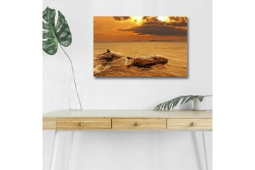 Canvastavla med LED-belysning - Delfiner som hoppar i solnedgångens glödande ljus - Guld / Orange / Brun - Inredning - Tavlor & posters - Canvastavla