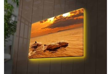 Canvastavla med LED-belysning - Delfiner som hoppar i solnedgångens glödande ljus - Guld / Orange / Brun - Inredning - Tavlor & posters - Canvastavla