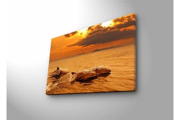 Canvastavla med LED-belysning - Delfiner som hoppar i solnedgångens glödande ljus - Guld / Orange / Brun - Inredning - Tavlor & posters - Canvastavla