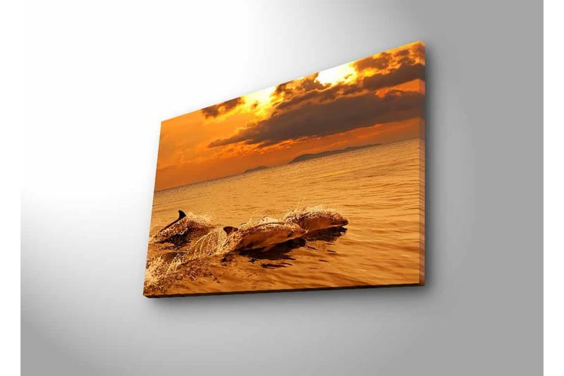 Canvastavla med LED-belysning - Delfiner som hoppar i solnedgångens glödande ljus - Guld / Orange / Brun - Inredning - Tavlor & posters - Canvastavla