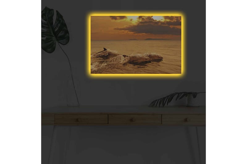 Canvastavla med LED-belysning - Delfiner som hoppar i solnedgångens glödande ljus - Guld / Orange / Brun - Inredning - Tavlor & posters - Canvastavla