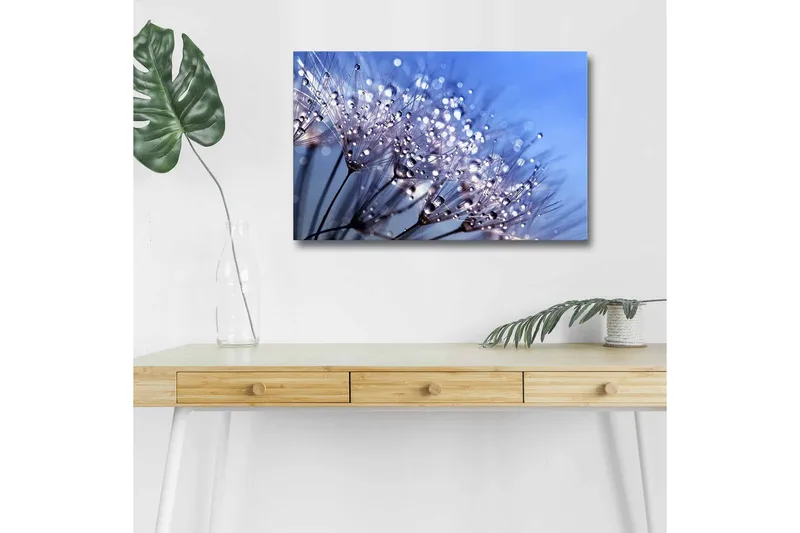 Canvastavla med LED-belysning - Delikat blomsterkomposition med vattendroppar - Blå / Vit / Lila - Inredning - Tavlor & posters - Canvastavla