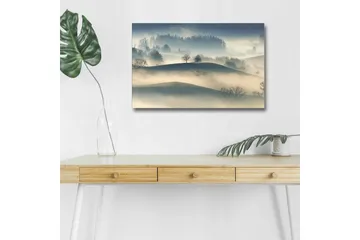 Canvastavla med LED-belysning - Dimma över böljande landskap med ensamma träd - Grå / Blå / Beige - Inredning - Tavlor & posters - Canvastavla