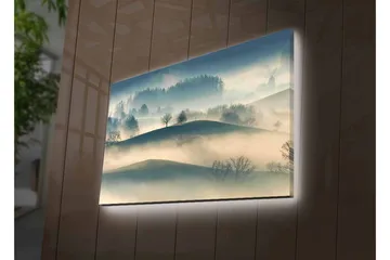 Canvastavla med LED-belysning - Dimma över böljande landskap med ensamma träd - Grå / Blå / Beige - Inredning - Tavlor & posters - Canvastavla