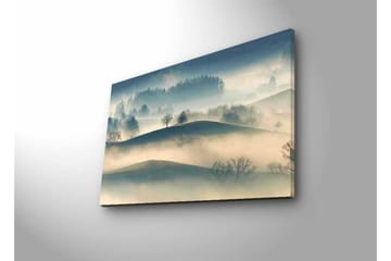 Canvastavla med LED-belysning - Dimma över böljande landskap med ensamma träd - Grå / Blå / Beige - Inredning - Tavlor & posters - Canvastavla