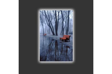 Canvastavla med LED-belysning - Dimma över en park med bänkar och reflektioner i vattenpölar - Mörkblå / Grå / Orange - Inredning - Tavlor & posters - Canvastavla