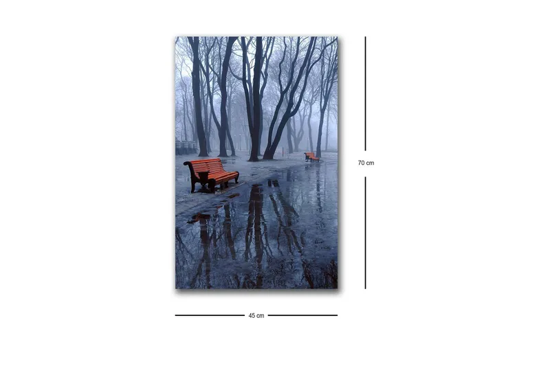 Canvastavla med LED-belysning - Dimma över en park med bänkar och reflektioner i vattenpölar - Mörkblå / Grå / Orange - Inredning - Tavlor & posters - Canvastavla