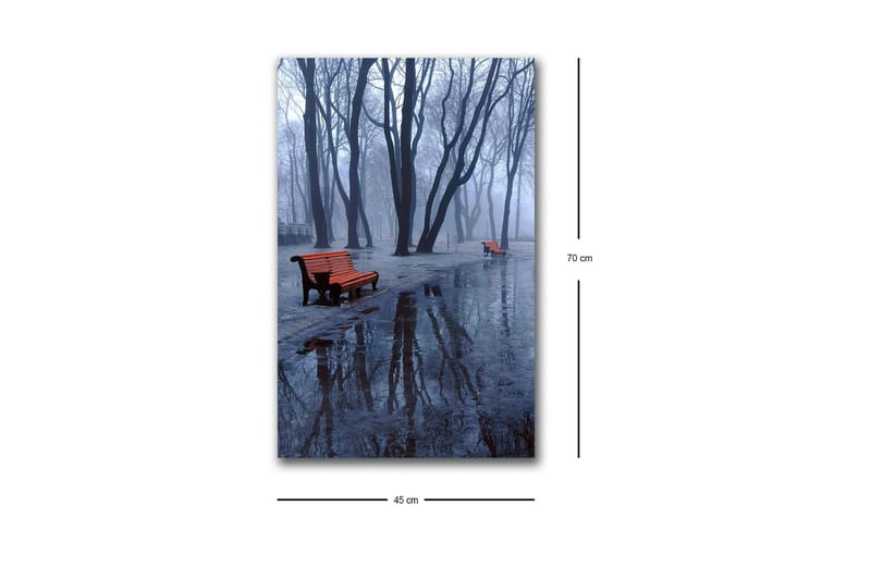 Canvastavla med LED-belysning - Dimma över en park med bänkar och reflektioner i vattenpölar - Mörkblå / Grå / Orange - Inredning - Tavlor & posters - Canvastavla