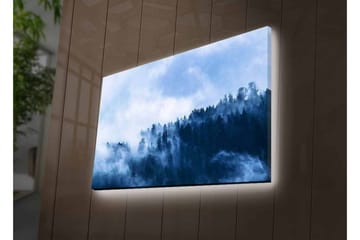 Canvastavla med LED-belysning - Dimma som sveper över en skog av höga träd - Mörkblå / Ljusblå / Grå - Inredning - Tavlor & posters - Canvastavla