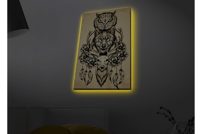 Canvastavla med LED-belysning - Djurkomposition med uggla, varg och rådjur omgiven av blommor och fjädrar - Svart / Beige - Inredning - Tavlor & posters - Canvastavla