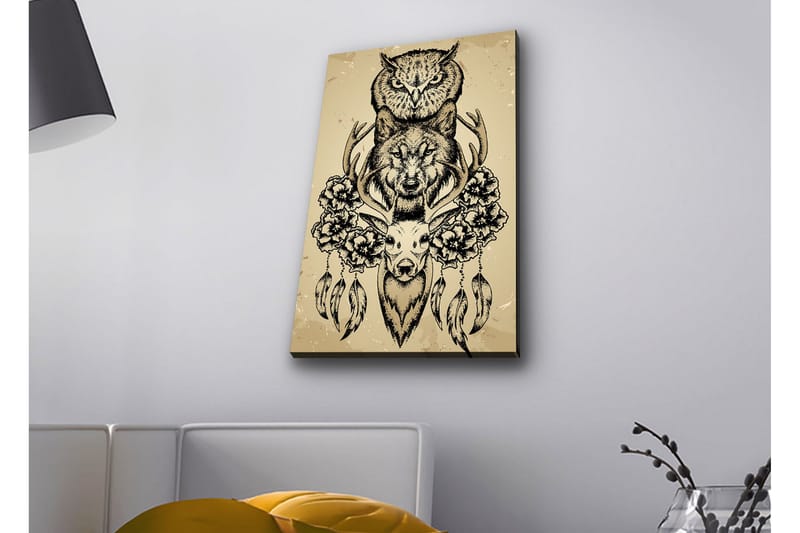 Canvastavla med LED-belysning - Djurkomposition med uggla, varg och rådjur omgiven av blommor och fjädrar, Svart / Beige