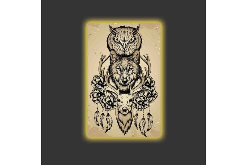 Canvastavla med LED-belysning - Djurkomposition med uggla, varg och rådjur omgiven av blommor och fjädrar - Svart / Beige - Inredning - Tavlor & posters - Canvastavla