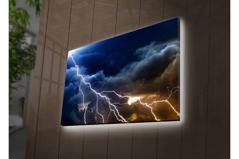 Canvastavla med LED-belysning - Dramatiska åskmoln med blixtar som skär genom himlen - Mörkblå / Grå / Vit - Inredning - Tavlor & posters - Canvastavla