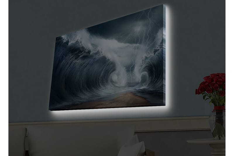 Canvastavla med LED-belysning - Dramatiska vågor i stormigt hav - Mörkblå / Grå / Vit - Inredning - Tavlor & posters - Canvastavla