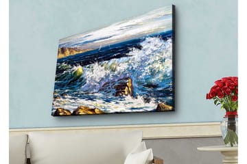 Canvastavla med LED-belysning - Dramatiska vågor som kraschar mot klippor vid havet - Mörkblå / Vit / Grön - Inredning - Tavlor & posters - Canvastavla