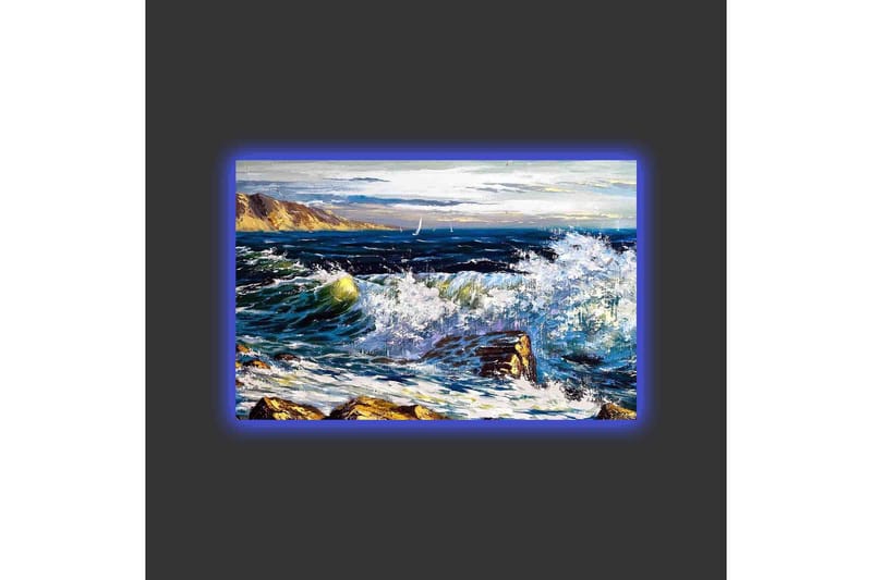 Canvastavla med LED-belysning - Dramatiska vågor som kraschar mot klippor vid havet - Mörkblå / Vit / Grön - Inredning - Tavlor & posters - Canvastavla